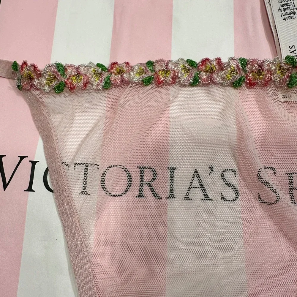 NWT Victoria's Secret Pink Floral‎ Trim Mesh Thong Panty Pink XXL - Picture 2 of 6